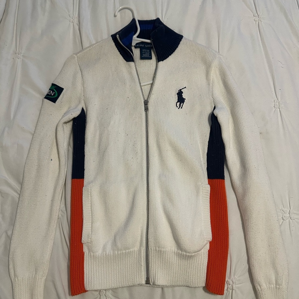 Ralph Lauren Colorblock Zip Sweater - White Navy Royal Blue